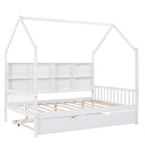 Merax White Full Size Wooden House Bed with Trundle & Shelf for Kids Merax
