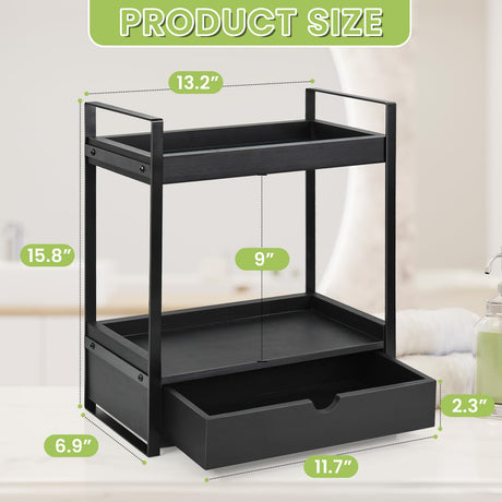 Ukonvi 2-Tier Bathroom Organizer Countertop with Drawer, Wood Counter Shelf for Storage, Vanity Tray for Organization and Decor, Countertop Organizer for Bathroom, Kitchen, Office (Black) Ukonvi