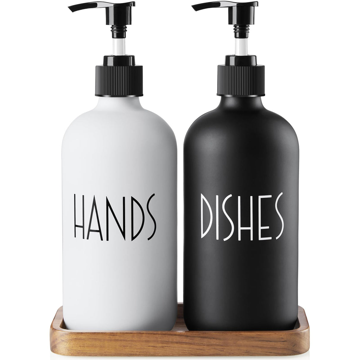 ALELION Glass Dish Soap Dispenser for Kitchen - 16 OZ Hand Soap Dispenser Set with Pump and Acacia Wood Tray - Black White Modern Farmhouse Kitchen Bathroom Decor and Accessories ALELION