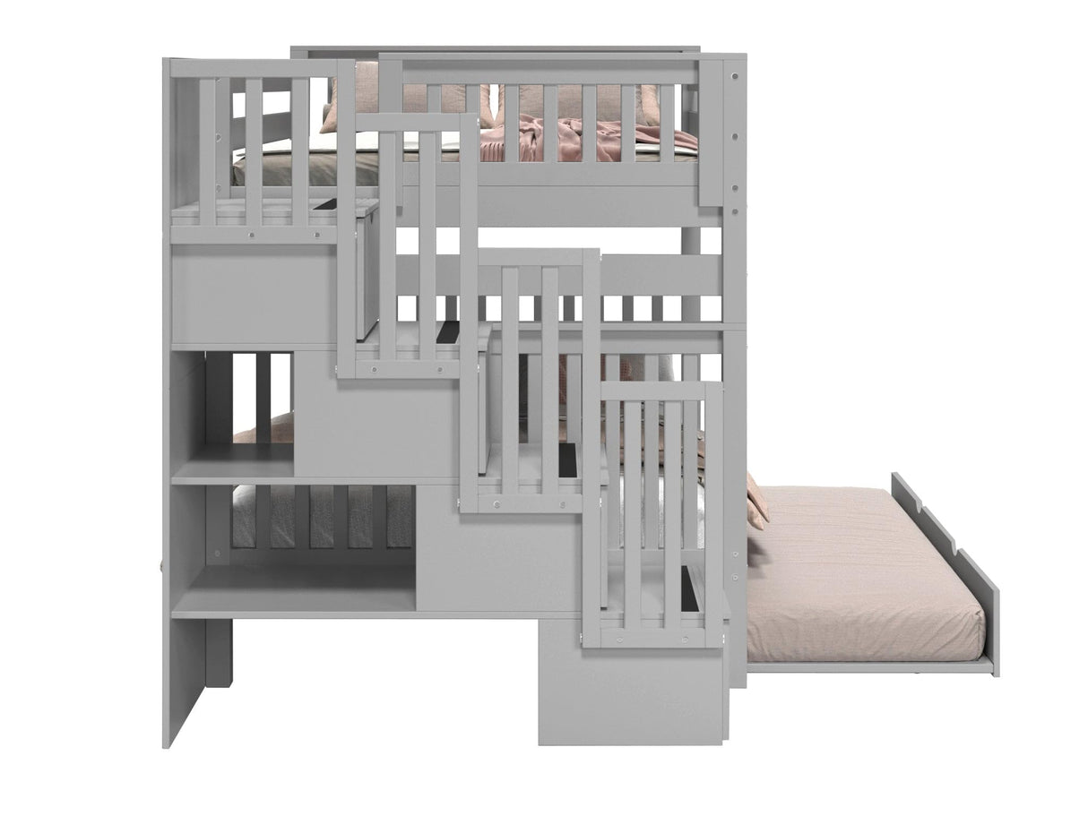 Bedz King Stairway Bunk Beds Full over Full with 4 Drawers in the Steps and a Full Trundle, Gray Bedz King