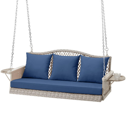 ZZW Upgraded Wicker Hanging Porch Swing, Heavy Duty 900 LBS 3-Seat Outdoor Patio Swing Chair Bench for Adult, w/ 8.9ft Hanging Chains, Cushions and Cup Holder(Grey/Blue) - WoodArtSupply