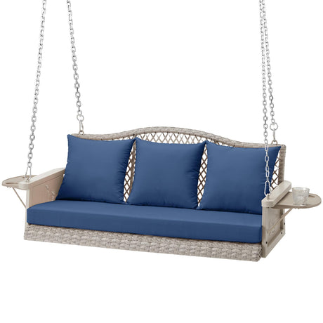 ZZW Upgraded Wicker Hanging Porch Swing, Heavy Duty 900 LBS 3-Seat Outdoor Patio Swing Chair Bench for Adult, w/ 8.9ft Hanging Chains, Cushions and Cup Holder(Grey/Blue) ZZW