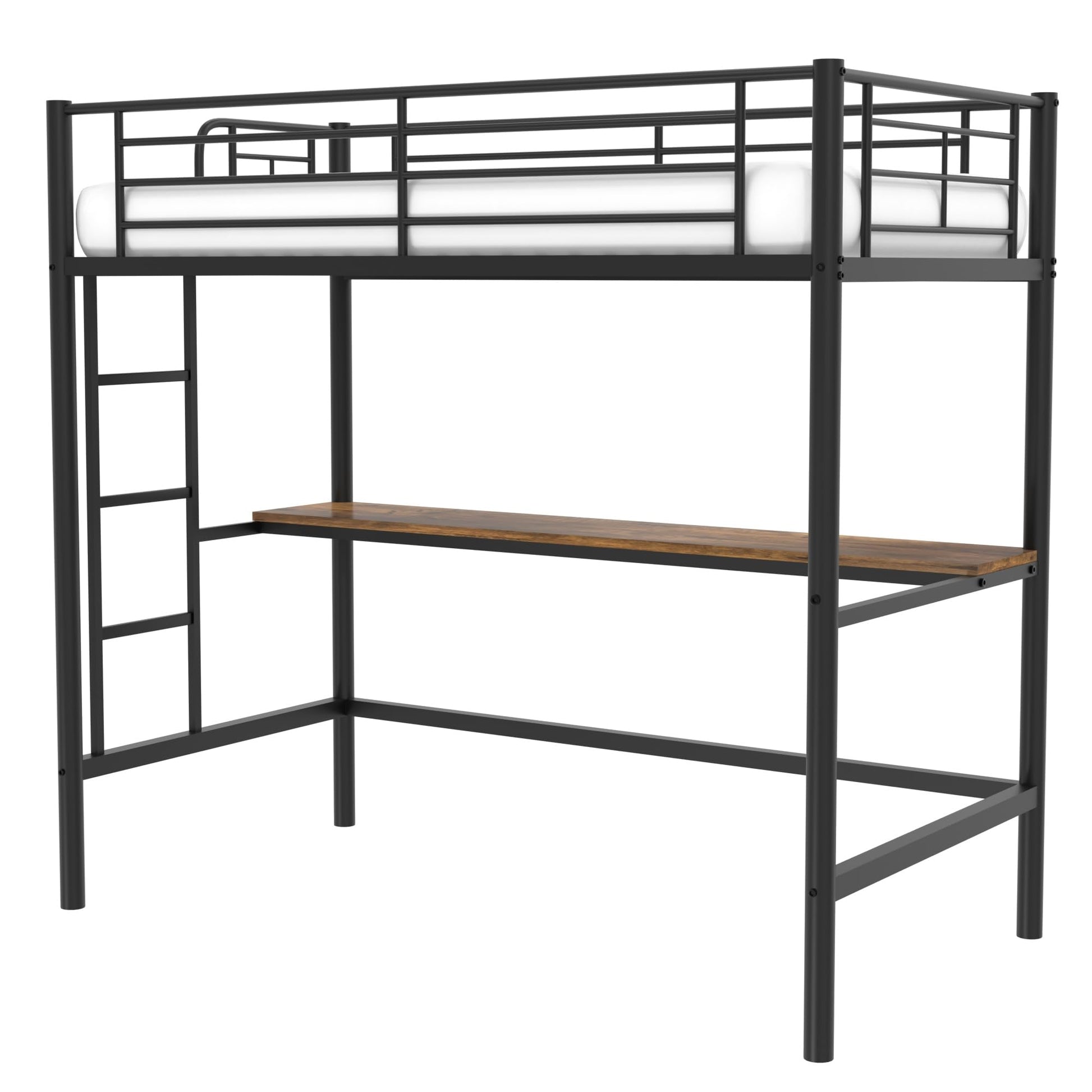 VECELO Twin Size Metal Loft Bed with Desk, Removable Ladder & Safety Guardrails, Space-Saving Design in Black - WoodArtSupply