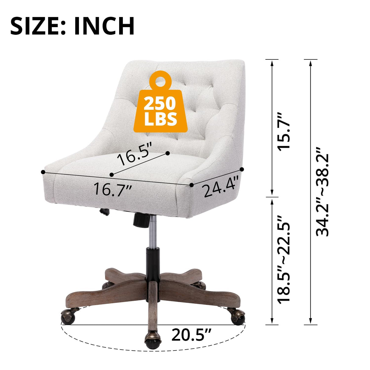 Swivel Home Office Chair, Modern Fabric Upholstered Tufted Accent Computer Desk Chair with Ergonomic Wide Backrest and Wooden Legs, Height Adjustable Swivel Vanity Chair for Office, Beige Zaboro