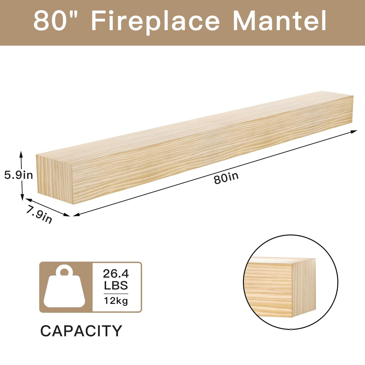 POPRHINO Fireplace Mantel Shelve, Solid Wood Baked Finish Wall-Mounted Floating Shelf for Over Fireplace, Handcrafted Floating Fireplace Mantels with Wooden Bracket, 80 x 8 x 6 Inches, Natural POPRHINO