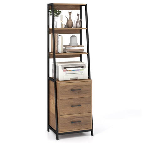 Giantex Ladder Bookshelf with Drawers, 69" Tall Wooden Bookcase with 4 Shelves, Modern Book Shelf Storage Organizer Unit, Freestanding Display Shelving Rack for Living Room, Bedroom (Brown) Giantex