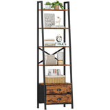 Furologee 5-Tier Ladder Shelf with 2 Drawers,Narrow Bookshelf Storage Shelves,Industrial Bookcase Freestanding Shelf Units for Bedroom,Living Room,Bathroom,Home Office,Balcony,Wood Metal,Rustic Brown Furologee
