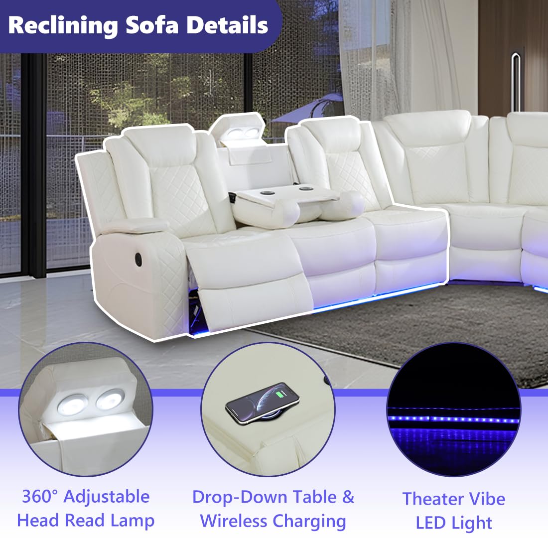 Anthato Power Recliner Sectional Sofa Set with LED, Modern L-Shaped Reclining Sofa, Leather Reclining Corner Couch with Cup Holders/Storage/USB Charging Ports for Living Room/Home Theater, Cream White Anthato