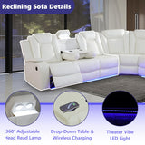 Anthato Power Recliner Sectional Sofa Set with LED, Modern L-Shaped Reclining Sofa, Leather Reclining Corner Couch with Cup Holders/Storage/USB Charging Ports for Living Room/Home Theater, Cream White Anthato