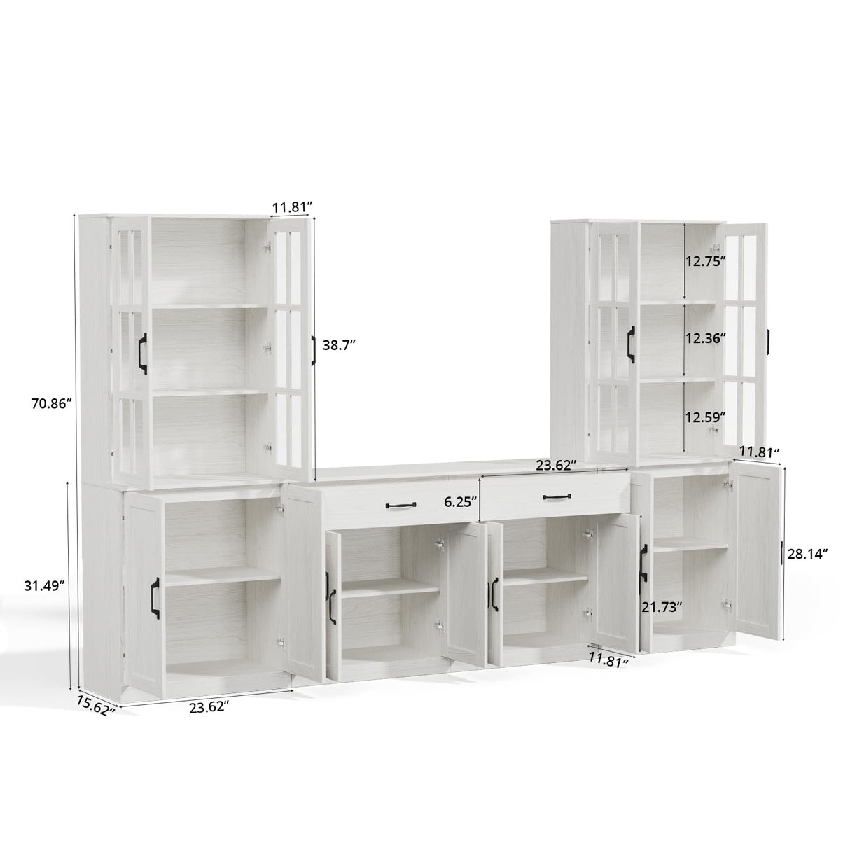 VOWNER 95" TV Stand for TVs up to 75", 4-Piece TV Hutch with Cabinets, Entertainment Center with Bookshelves, Modular TV Console for Living Room, 2D+2F (White) VOWNER