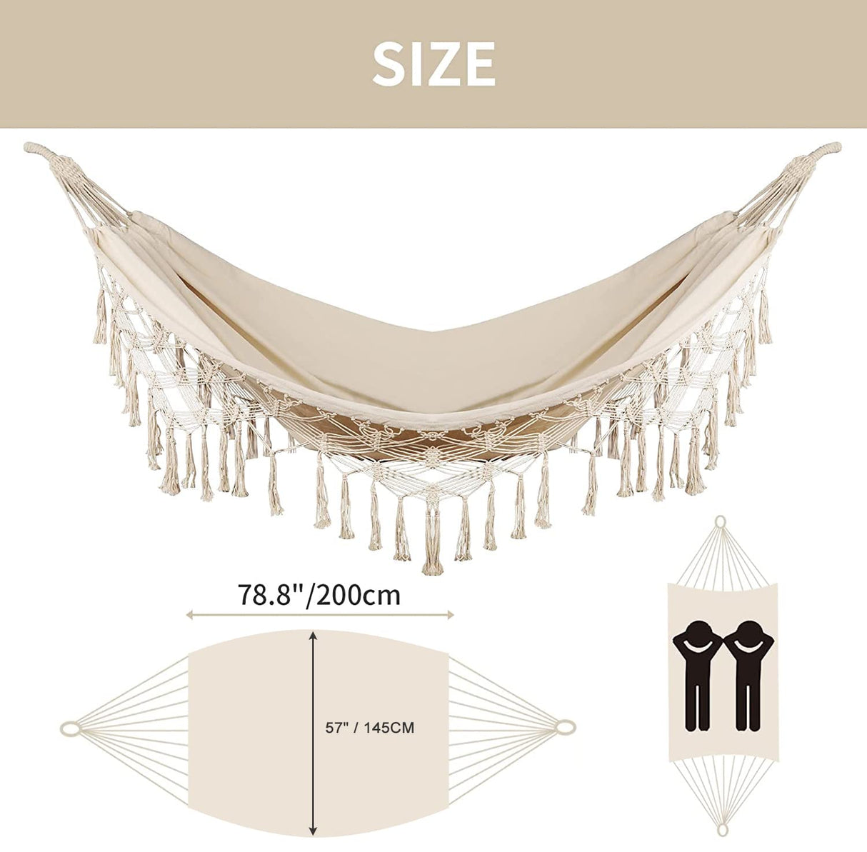 Bellzacasa Double Hammock, Heavy Duty 500 lb Load Capacity Tassels and Fishtail Knitting with Mounting Straps for Outdoor Camping Patio Balcony Beige Bellzacasa