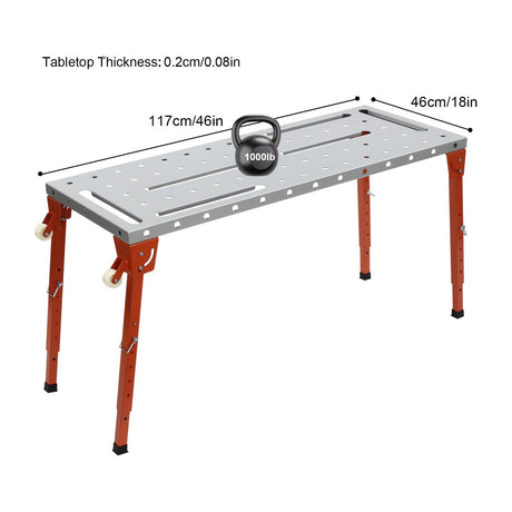 Welding Workbench Table,1000 lbs Heavy Duty Steel Industrial Workbench Table w/ 4 Adjustable and Foldable Legs+2 Caster,46 x 18 inch Folding Steel Welding Workbench for Elding,Sawing,Drilling xsdzgdzy