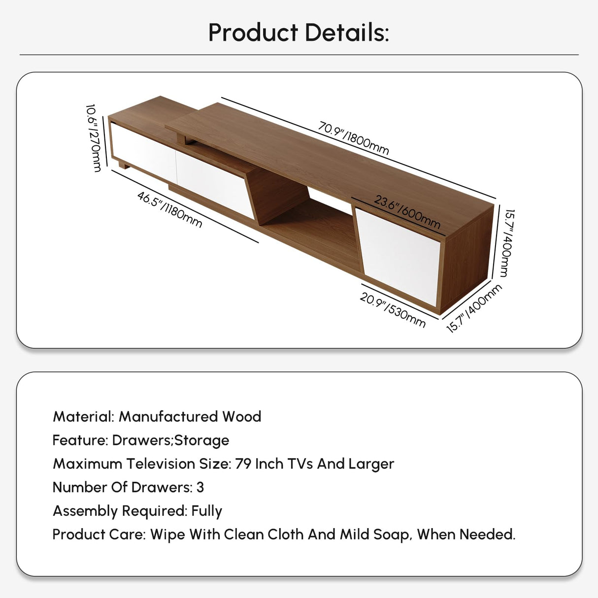 homary Extendable TV Stand with 3 Drawers Minimalist Rectangle Entertainment Center Walnut TV Console Table Up to 110" (Extendable: 70.9”W-110.2”W) (White & Walnut) homary