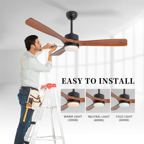 Ceiling Fan with Lights Remote Control 52in Solid Wood Blade 3Color Light Timing with Memory Function 6Speeds Super Quiet DC Motor for Modern Bedroom Living Room Dining Room Outdoor Terrace Farmhouse revoici