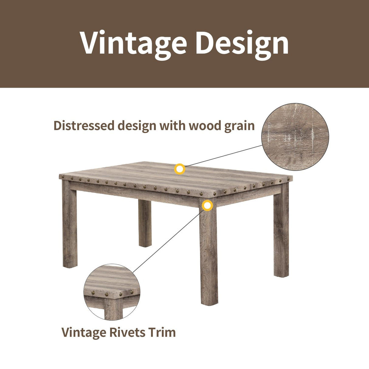 Morden Fort Rustic Dining Table Set for 6, Farmhouse Kitchen Dining Chairs for 6, Charming 60" Rectangular Wooden Table&6 Upholstered Chair with Nailhead Accents for Dining Hub,Breakfast Nook Morden Fort