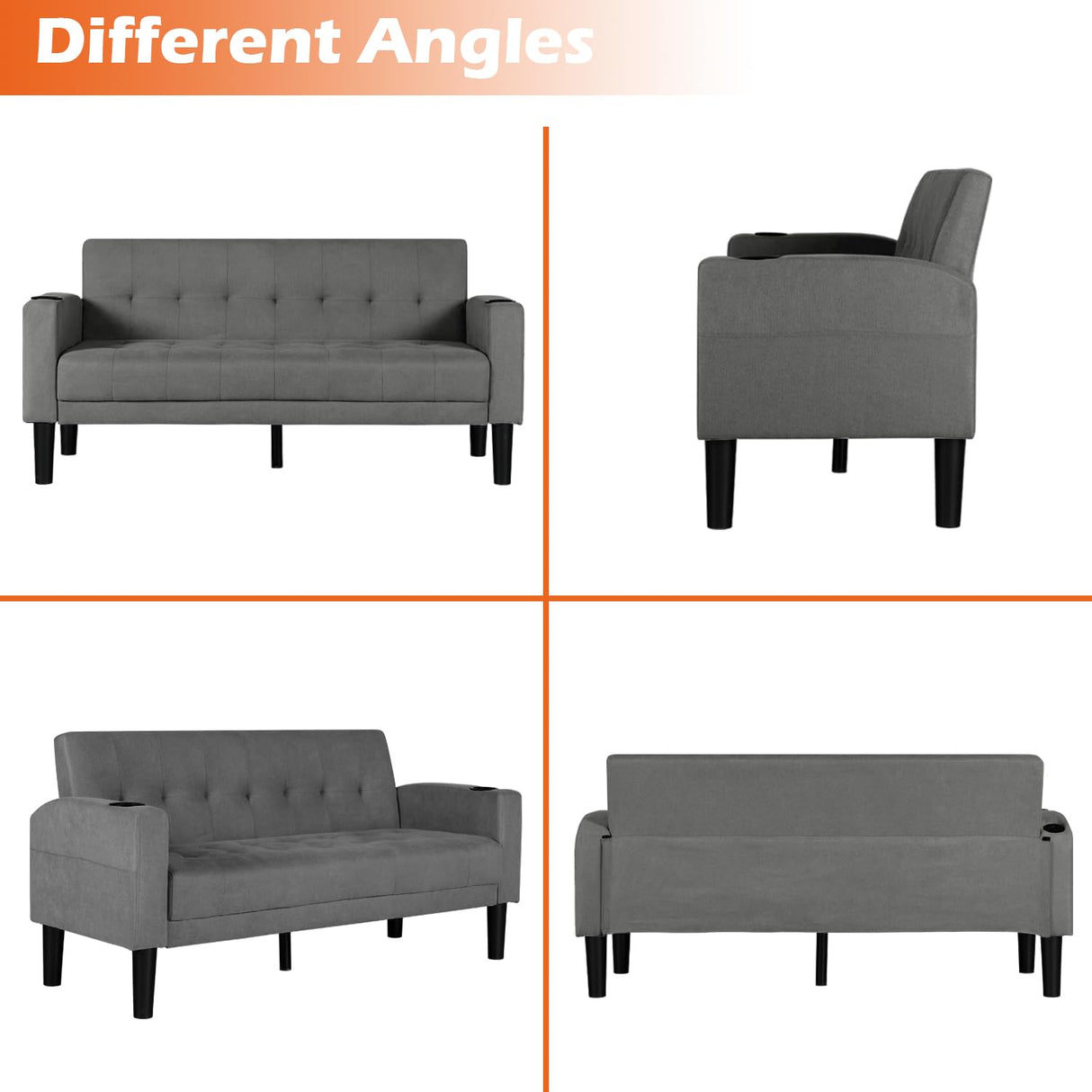 AILEEKISS 62" Loveseat Couches Upholstered Fabric Linen Love Seat Sofas Couch with 2 USB, Cup Holders, Side Pocket, Modern Tufted Sofa for Living Room, Office, Bedroom, Apartment (2-Seat, Dark Grey) AILEEKISS