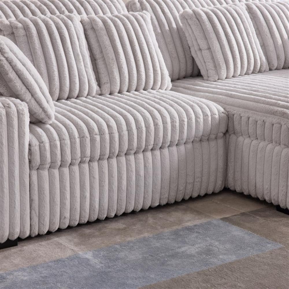 Pemberly Row 113" W Corduroy Fabric Cloud Convertible Sectional Deep Seat Sofa Slider with Power Recliner Glider, USB Charging Ports, and 6 Cushions in Presley Charcol for Living Room Pemberly Row