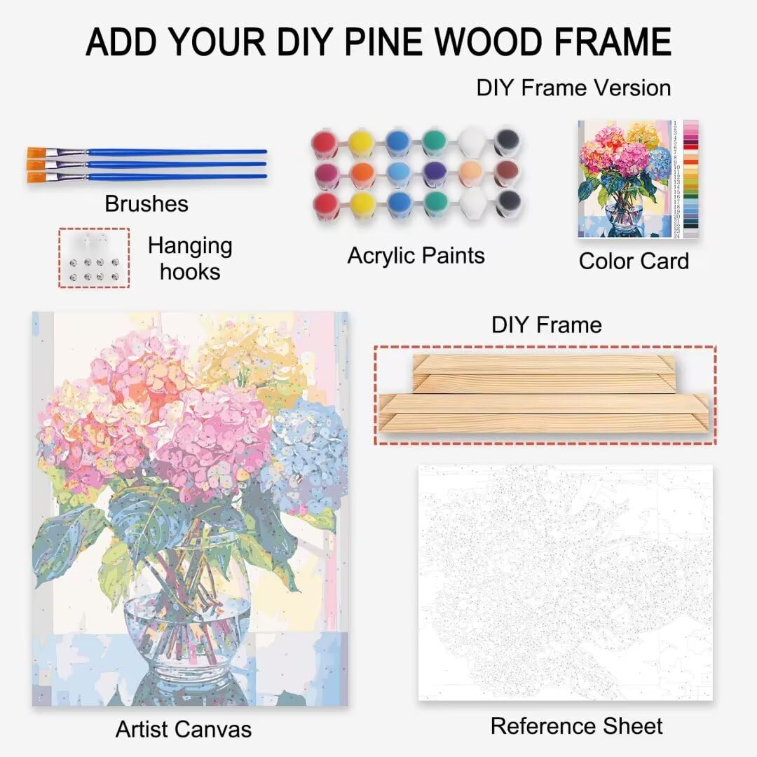 Tucocoo Hydrangea in Glass Vase Window Landscape Paint by Numbers for Adults Beautiful Flower DIY Paint by Numbers Acrylic Paint Canvas Colorful Flowers Painting Kits Art 16x20 Inch（DIY Frame） Tucocoo