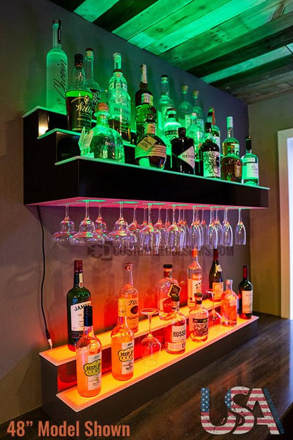 Customized Designs 3 Tier Wall Mounted Liquor Bottle Shelving w/Wine Glass Slots & LED Lighting (42) - WoodArtSupply