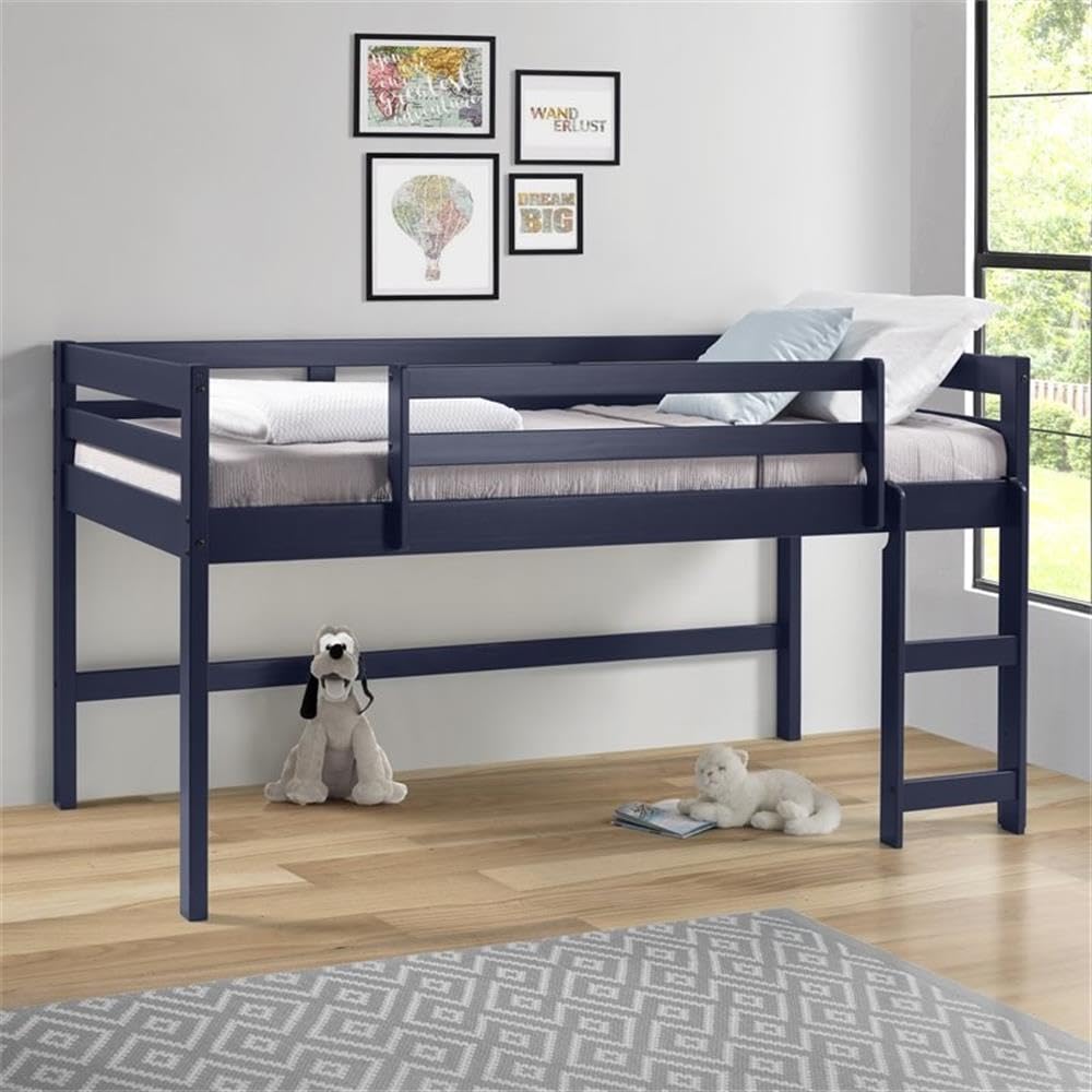 Acme Lara Twin Wooden Loft Bed with Guard Rail and Ladder in Navy Blue