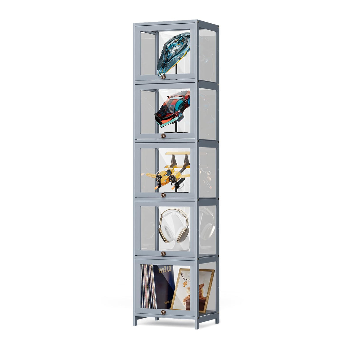 Athena Collection Curio Display Cabinet, 5-Tier Acrylic Display Shelf 68” Tall Display Case for Trophy Figures Curio Collectibles Display Shelves for Living Room Bedroom, Grey Athena Collection