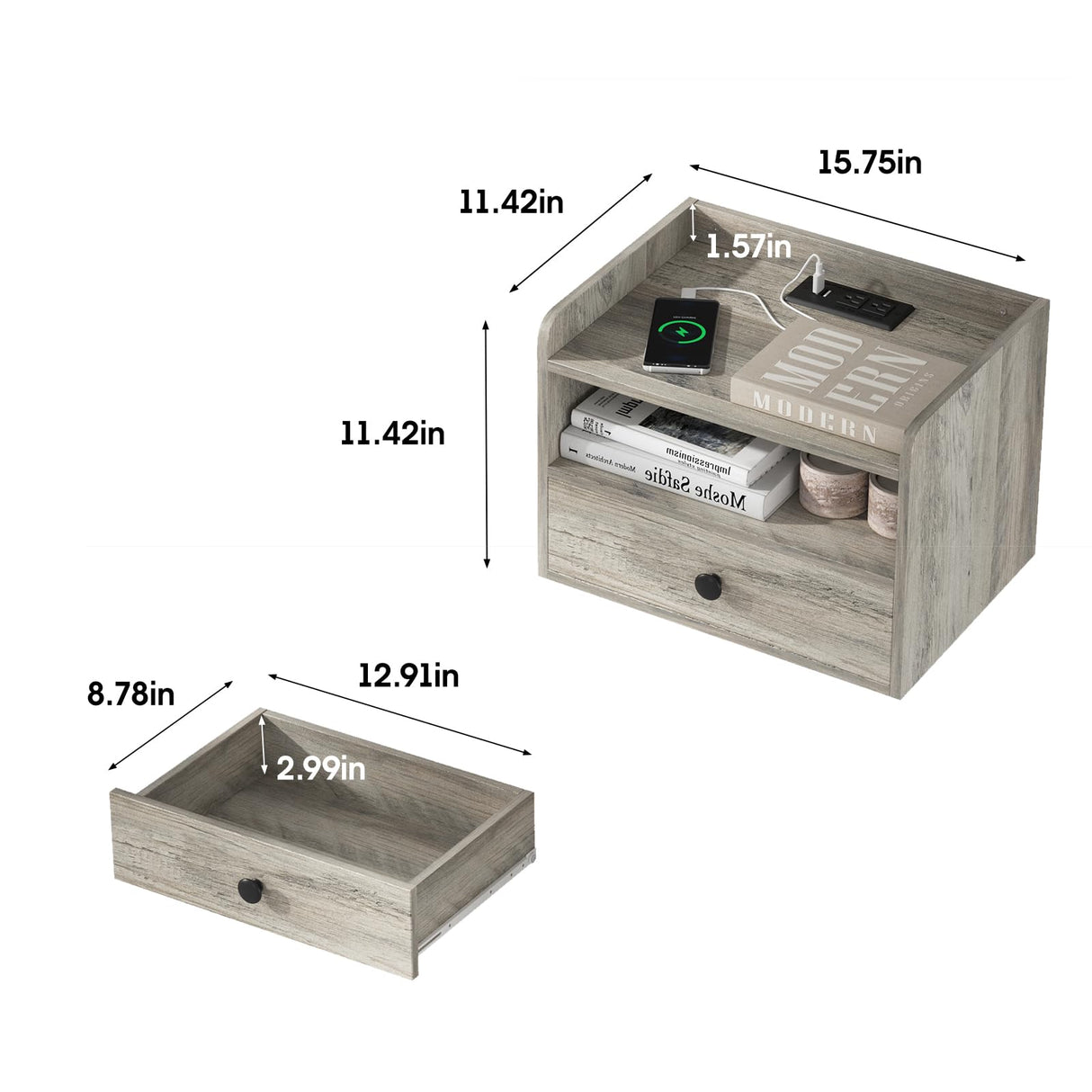 Grey Floating Nightstand Set of 2 with Charging Station and Drawer Small Bedside End Table with Outlet Modern Floating Night Stand for Bedroom Wood Wall Mounted Nightstands Set 2 Grey HOSEOKA