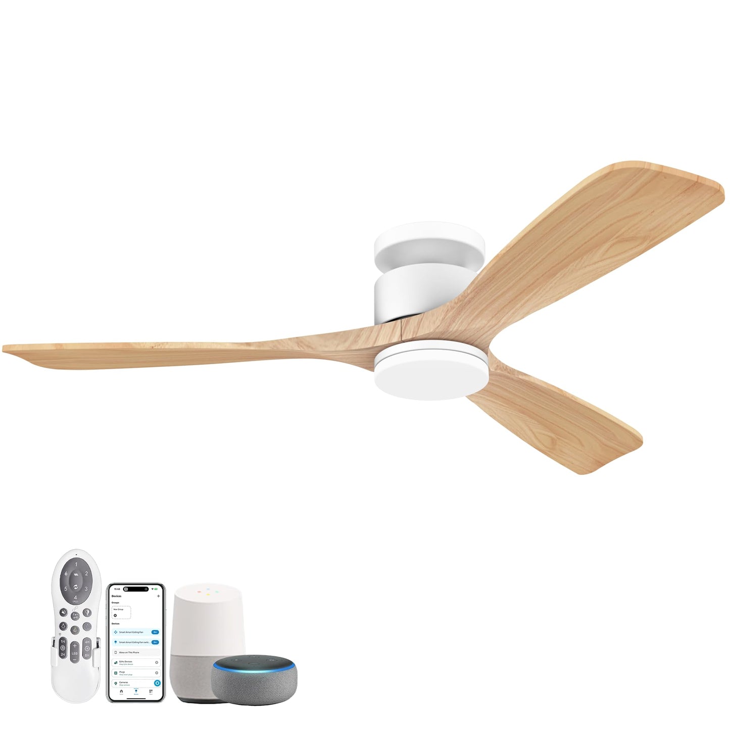 52 Inch Smart Flush Mount Ceiling Fans with Lights Remote,Wood Outdoor Indoor Ceiling Fan,WIFI Alexa App Control,Quiet DC Motor,Modern Low Profile Fan LED Lighting for Bedroom Patio,White & Light Wood