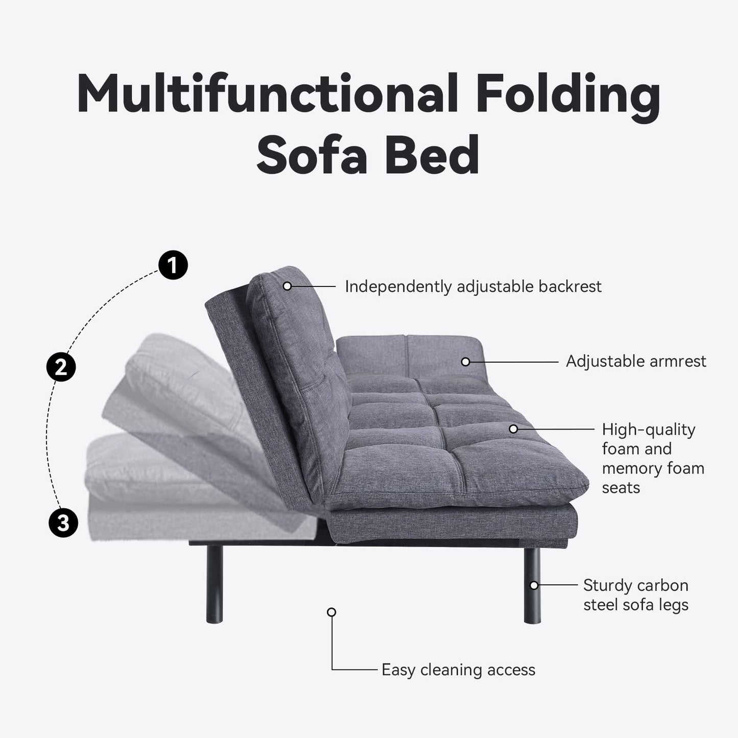 Opoiar Futon Sofa Bed Twin, Memory Foam Couch Bed with Mattress and Frame Included,Comfortable Grey Fabric Loveseat Sleeper Sofa for Dorm Apartment Office College Small Space Bedroom