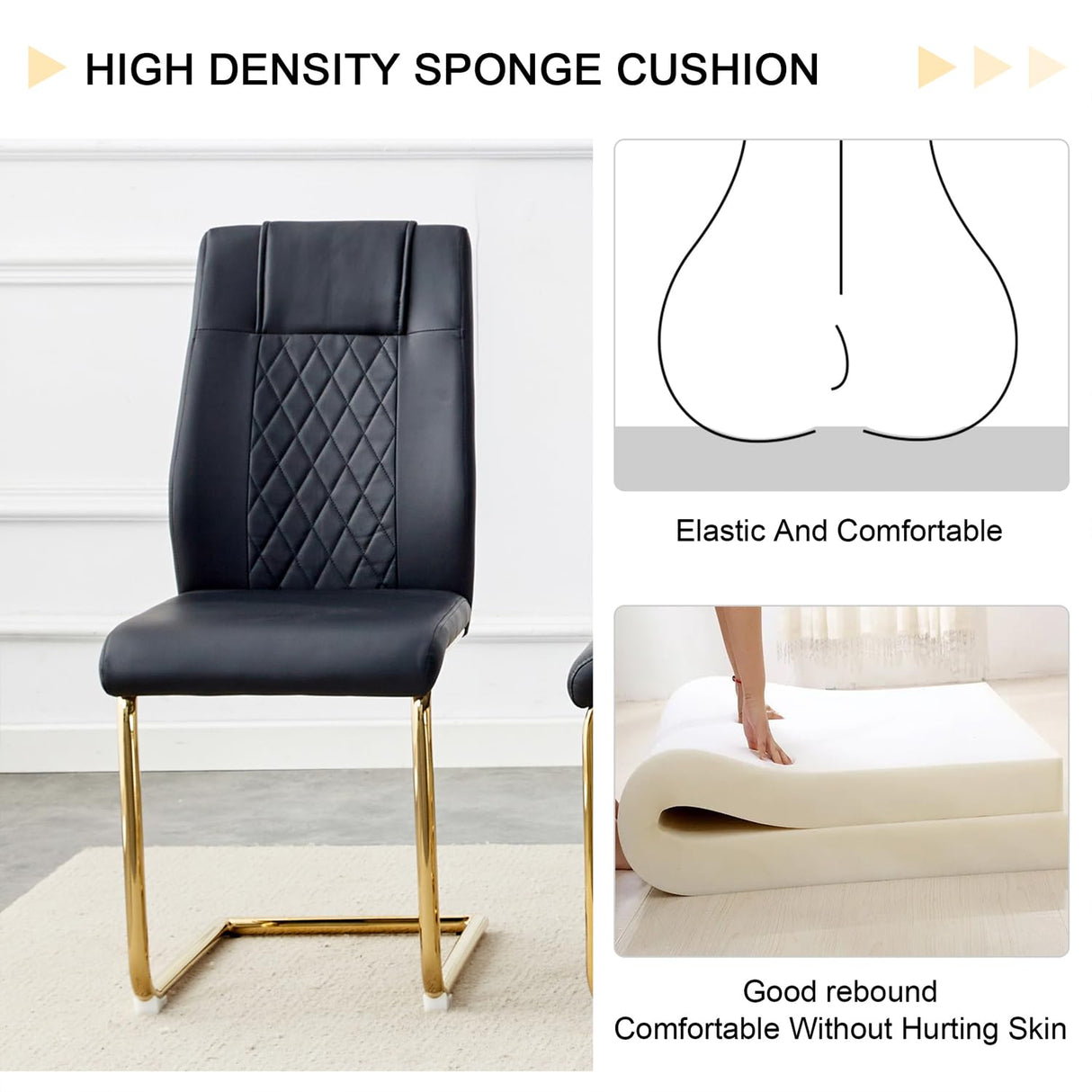 Ebullient Modern Dining Table Set for 6 ，7 Piece Dining Table Chairs Set for 6,Glass Table Top and Gold Base，Rectangular Dining Room Table with 6 Black PU Leather Upholstered Dining Chairs for Kitchen Ebullient