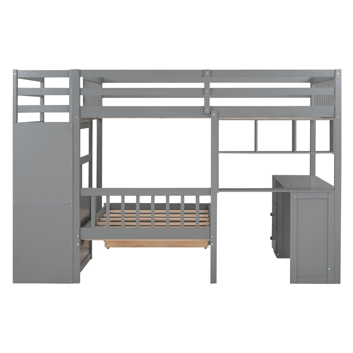 Harper & Bright Designs Full Over Twin Bunk Bed with Stairs, Storage Drawers, Full Size Loft Bed Frame with Desk and Shelves, Gray Harper & Bright Designs