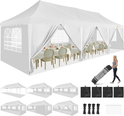 HOTEEL 10x30 Canopy Tent with Walls Party Tent 10x30 Pop Up Canopy Event Tent 10x30 UPF 50+ Windproof Waterproof Wedding Tents for Parties Gazebo Canopy with Roller Bag & 4 Weights Bags,White
