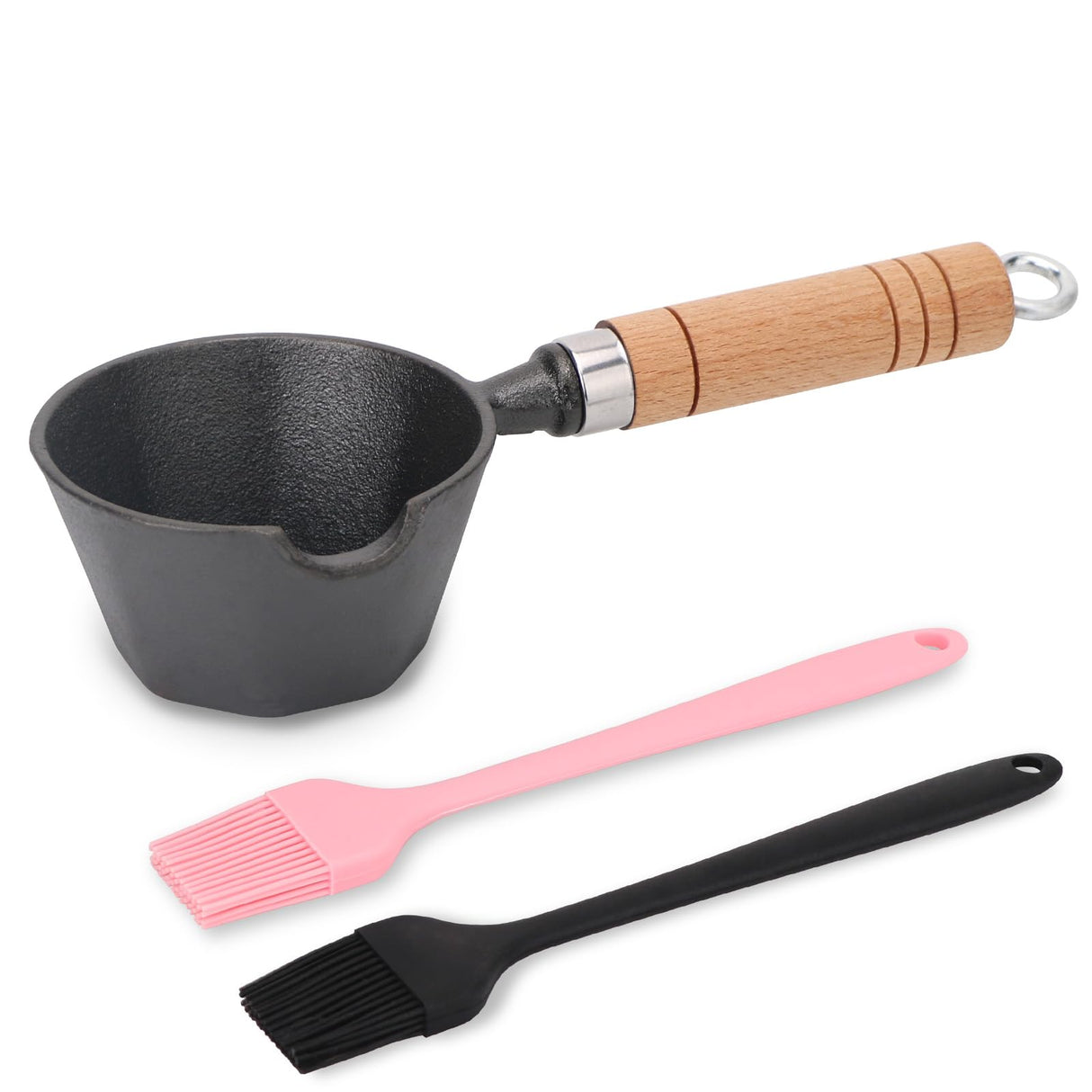 Cast Iron Basting Pot with 2 Pcs Long Handle Silicone Brush for Grill, Smoker and Stove, BBQ Basting Set Ideal for Melting & Simmering Sauces, Butter, Mini Cast Iron Bowl for Outdoor Cooking Svailse