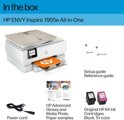 HP Envy Inspire 7955e Inkjet Printer All in One Wireless Printer Copy Scanners 2.7 Inch Touchscreen 15ppm Black 10ppm Color Phone Computer Wireless Printers for Home Use Office 1W2Y8A (Renewed)