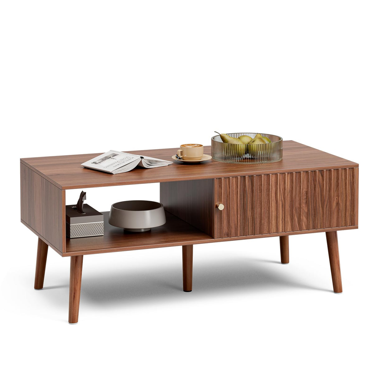 LCRBOL Coffee Table with Storage, Mid Century Dining Table with Sliding Fluted Door and Solid Wood Legs, Small Coffee Tables for Living Room, Walnut LCRBOL