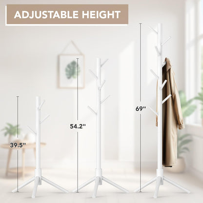 Hupmad Wooden Tree Coat Rack Stand,Sturdy Freestanding Coat Rack with 8 Hooks,3 Adjustable Height for Child Adult,Wood Coat Stand Tree Fits Entryway Bedroom Office for Bags,Hats