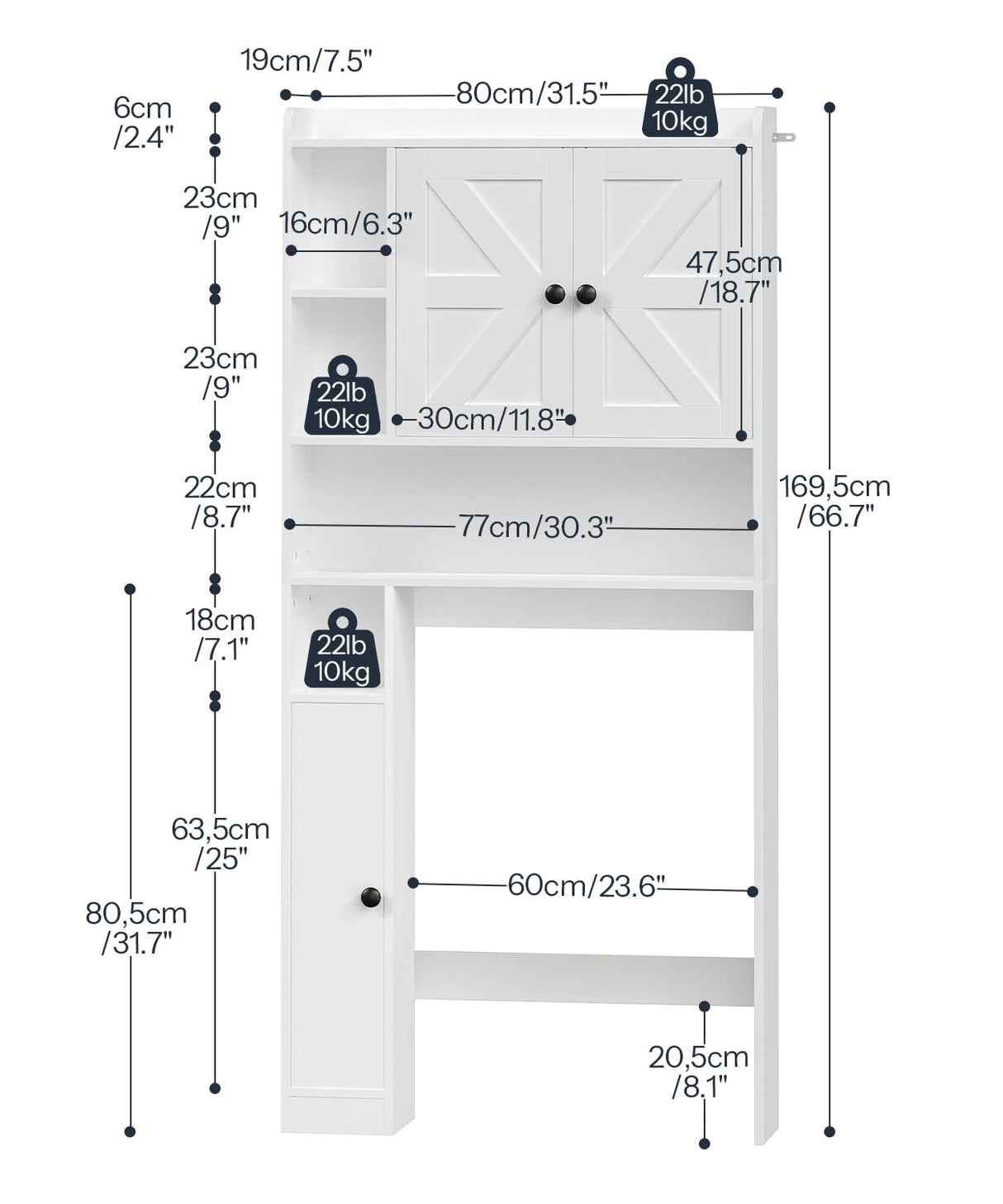 HOOBRO Over The Toilet Storage Cabinet, Farmhouse Over Toilet Bathroom Organizer with Doors and Adjustable Shelves, 31.5" W x 7.5" Dx 66.7" H, Space-Saving for Bathroom, Laundry, White WT80TS01N1 HOOBRO