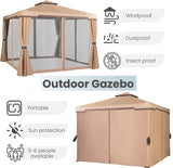 SUNCROWN 10 x 10 FT Outdoor Gazebo for Patio Iron Frame Garden Permanent Gazebo with Vented Soft Canopy and Mosquito Netting, Khaki SUNCROWN