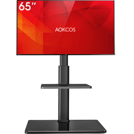 AOKCOS Floor TV Stand with 60-Degree Swivel, TV Floor Stand for 32-65 inch TVs up to 88lbs with Tilt, 8 Level Height Adjustable Tall TV Mount Stand with Shelf, Tempered Glass Base, MAX VESA 400x400mm AOKCOS