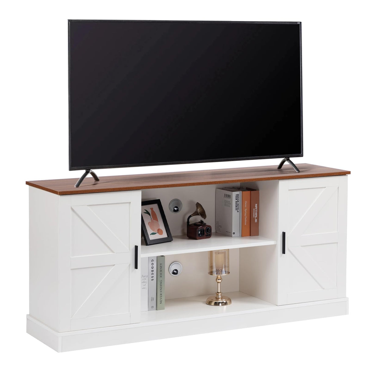 HollyHOME TV Stand for TVs up to 65”, Wood Entertainment Center with Adjustable Storage Shelves, Media TV Console Table for Living Room and Bedroom, White HollyHOME