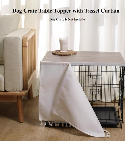 VIE DE AMAN Dog Crate Topper Wood for 48 42 36 24 inch Cages, Dog Crate Table Topper with Tassel Curtain, Rustic Style Dog Kennel Topper, Oak Grey(Dog Crate Not Include) - WoodArtSupply