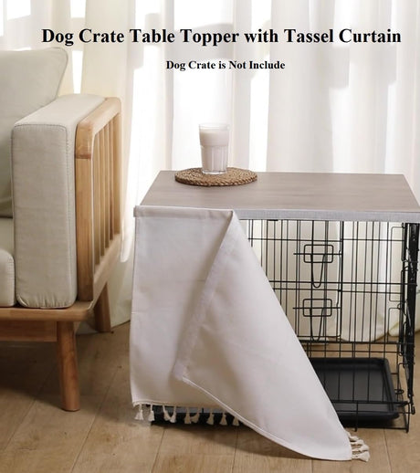 VIE DE AMAN Dog Crate Topper Wood for 48 42 36 24 inch Cages, Dog Crate Table Topper with Tassel Curtain, Rustic Style Dog Kennel Topper, Oak Grey(Dog Crate Not Include) VIE DE AMAN