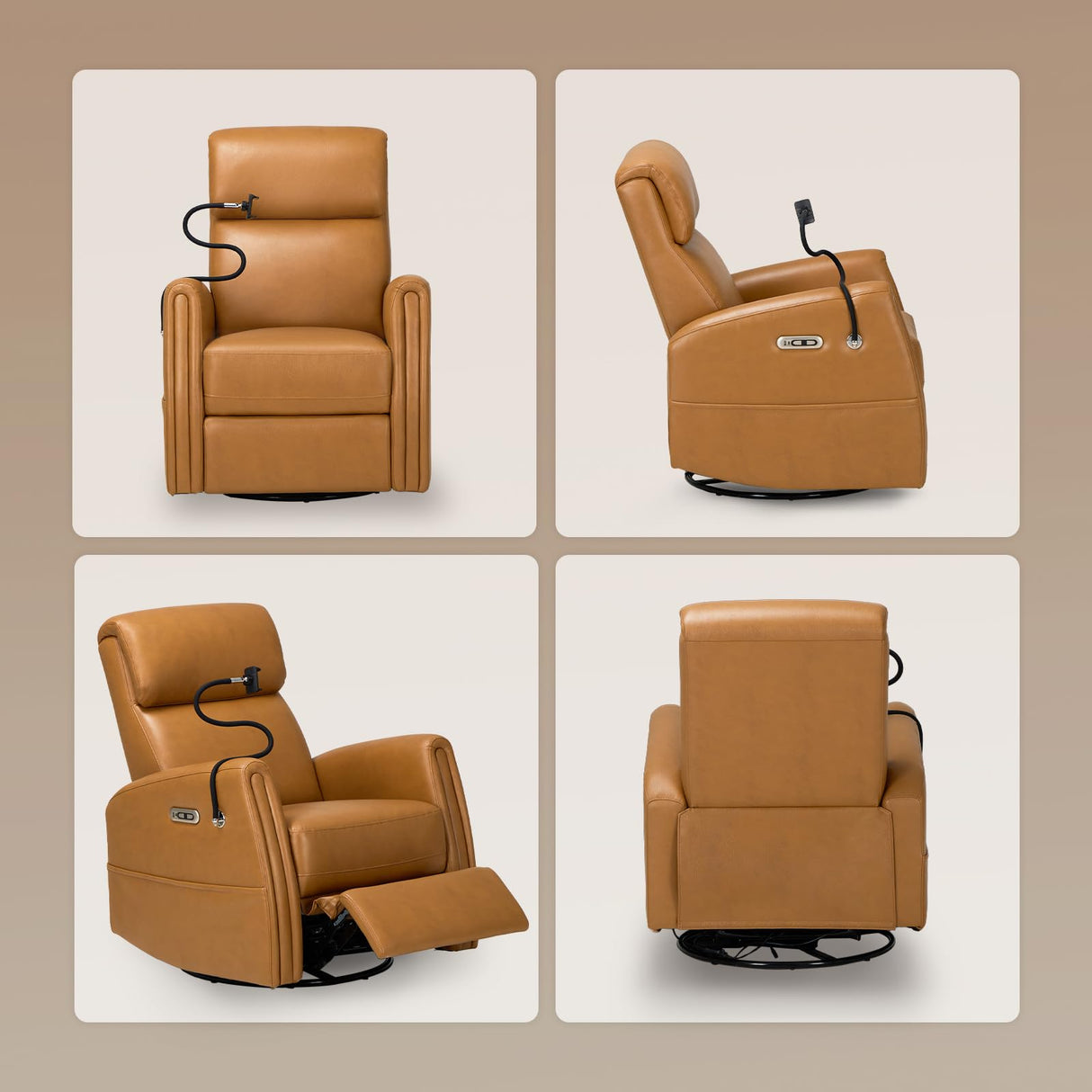 COLAMY Electric Power Swivel Recliner Chair, PU Leather Rocking Chair, 270° Swivel 145° Recliner Chair with Built-in Charging Ports for Living Room, Home, CognacBrown COLAMY