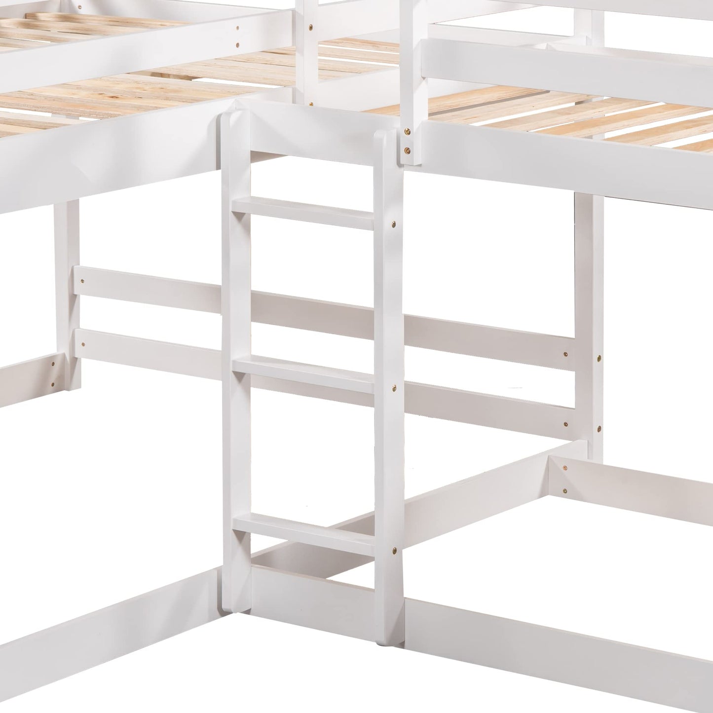 VilroCaz L-Shaped Bunk Bed Twin Over Twin and Full Over Full Size, Solid Wood 4 in 1 Design Quad Bunk Bed Frame with Slide and Safety Guardrail for Kids Teens Adults, Maximized Space (White-Quad)