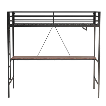 Twin Size Loft Bed with Desk and Closet Rod for Kids,Heavy Duty Loft Bed Frame with Safety Guardrail, Loft Metal Bunk Bed Twin Size, Space-Saving, Noise Free,Black