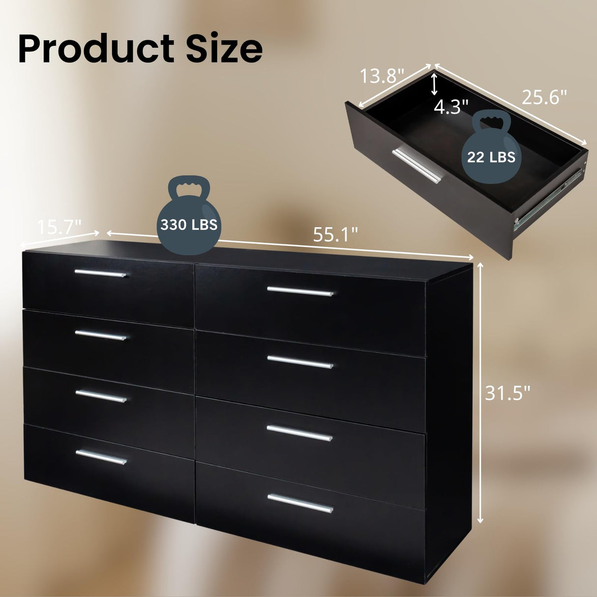 GODECOR 8 Drawer Dresser for Bedroom, Black Chest of Drawers, Wooden Bedroom TV Stand, Large Dresser Storage Chest with Deep Drawers, Living Room Furniture, 55.1" GODECOR
