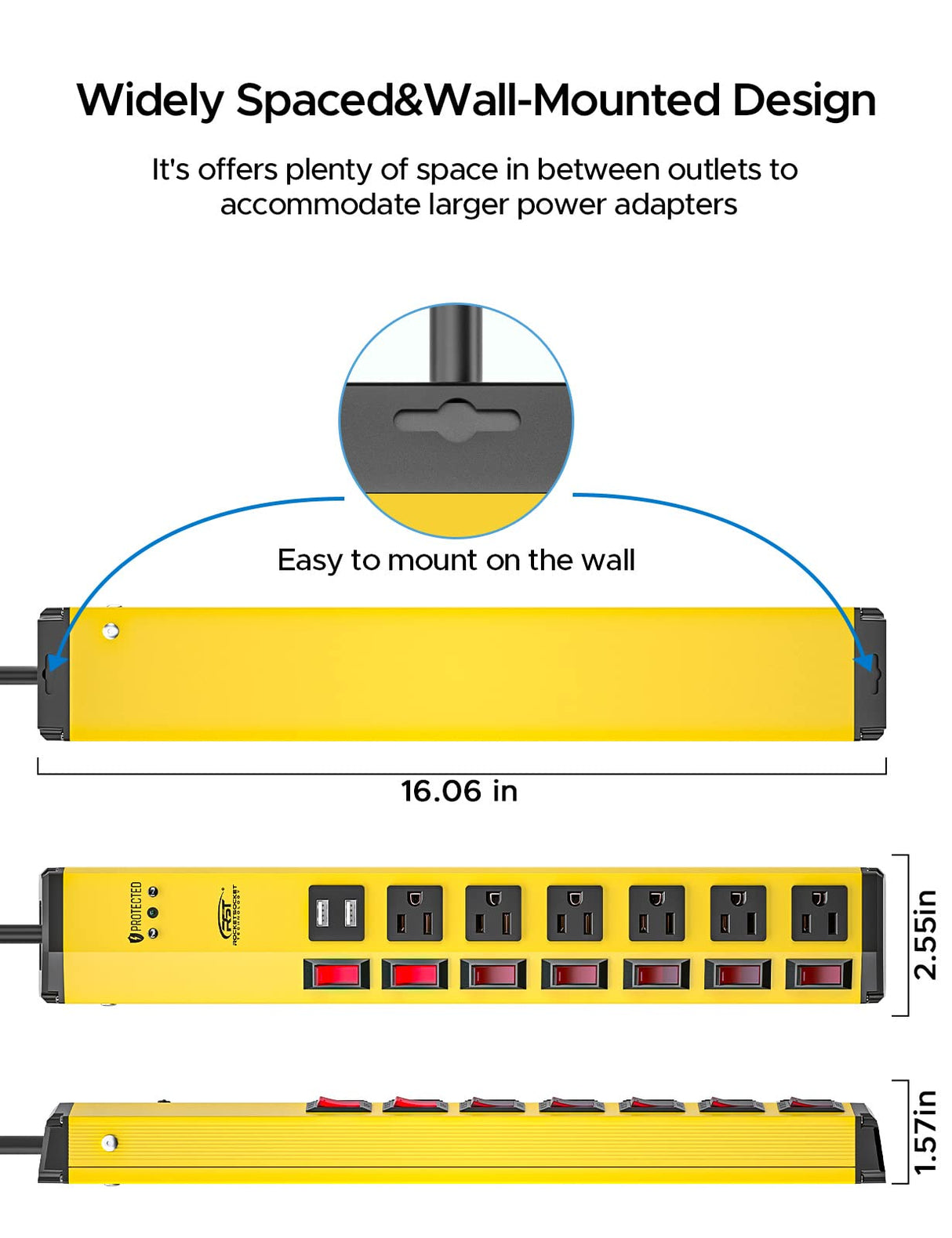 CRST 6-Outlet Heavy Duty Power Strip with USB and Individual Switches, 1200 Joules Metal Mountable Surge Protector Power Strip 15A Circuit Breaker, 6FT Extension Cord for Garage, Workshop, Home CRST