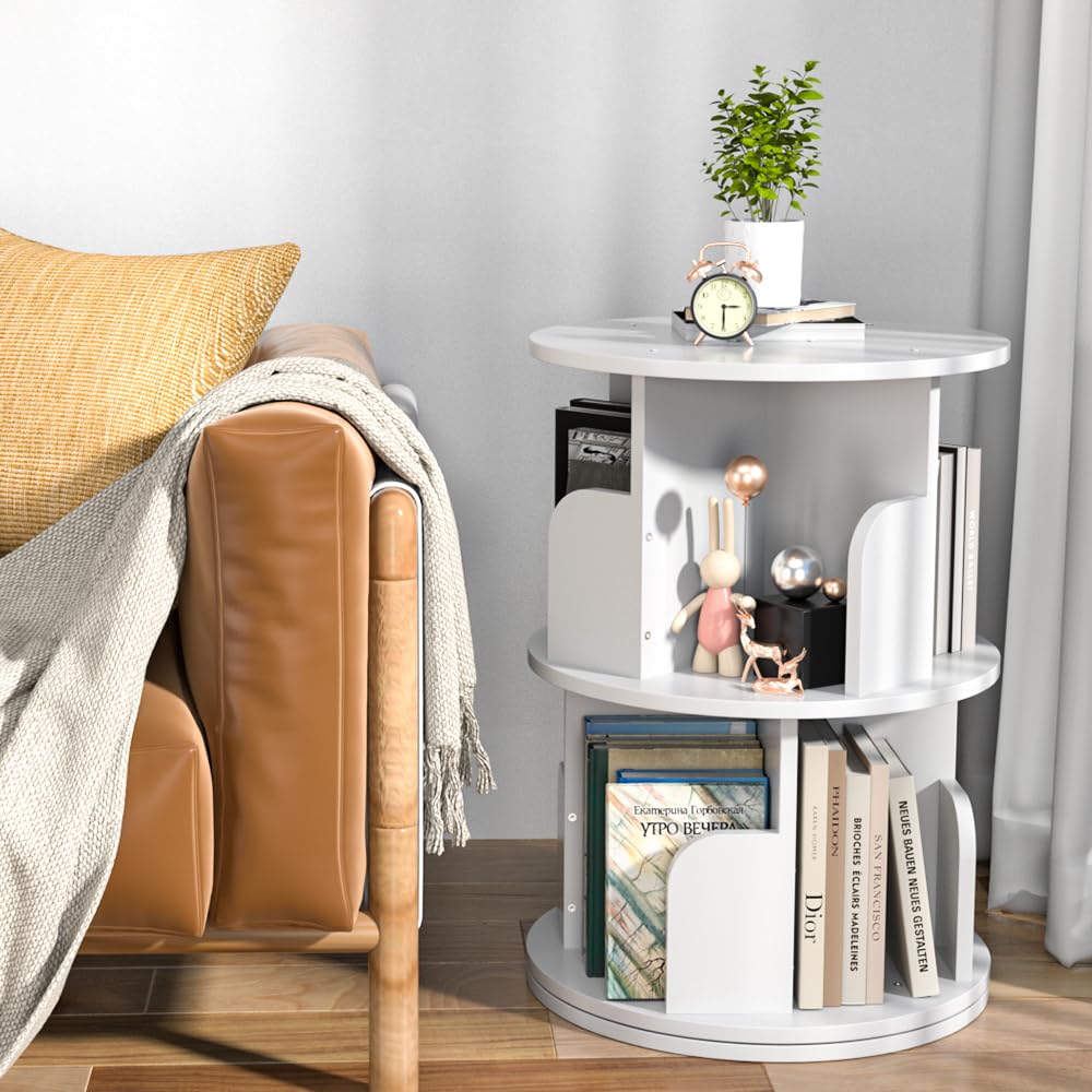 Nidouillet 2-Tier Rotating Bookshelf - Stylish White 360° Swivel Bookcase for Home and Office - WoodArtSupply