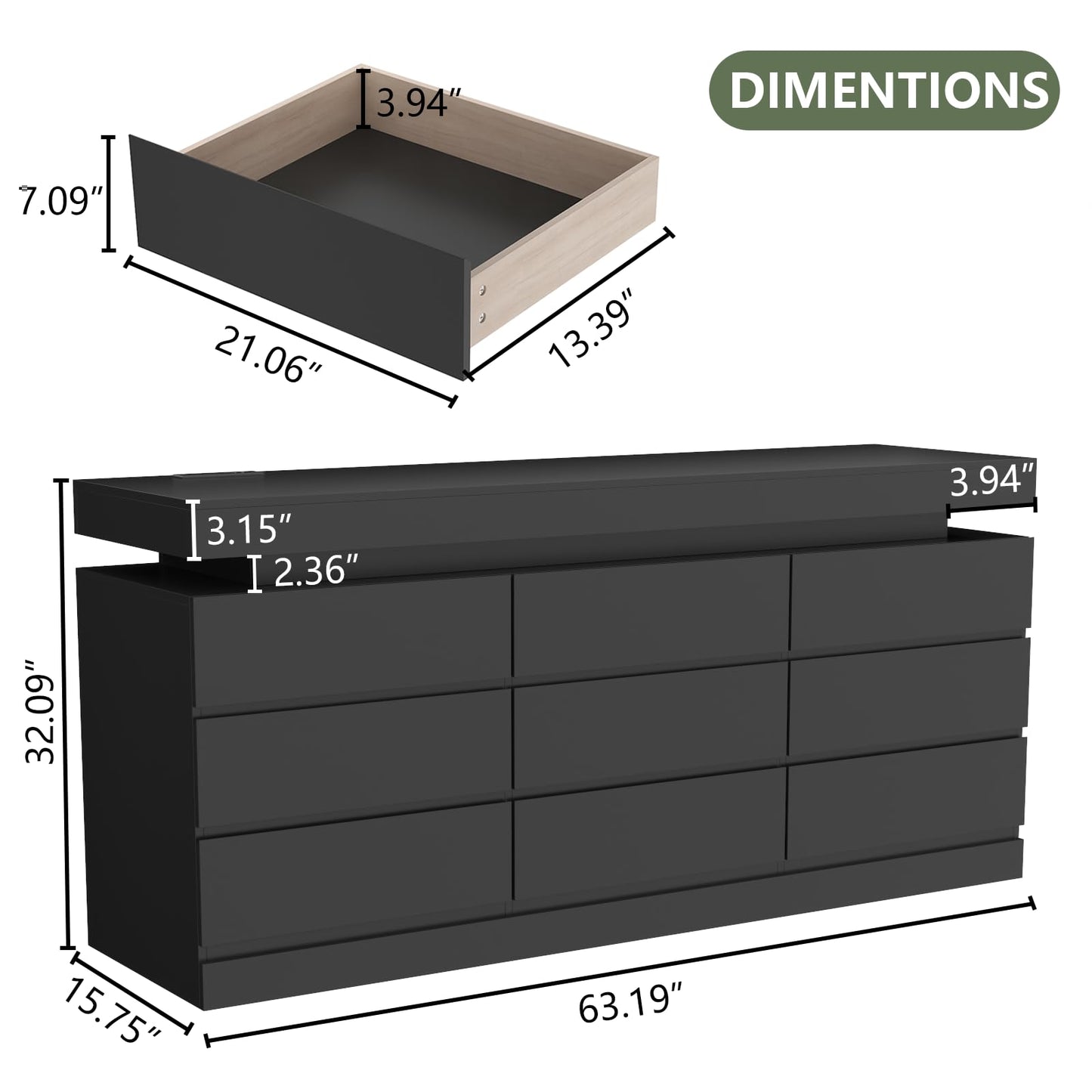 9 Drawer Dresser with Power Outlet, Dresser with LED Light, Modern Chest of Drawers for Closet, Double Wide Drawer Organizer Cabinet for Bedroom, Living Room, Entryway, Hallway (Black, 9 Drawers)