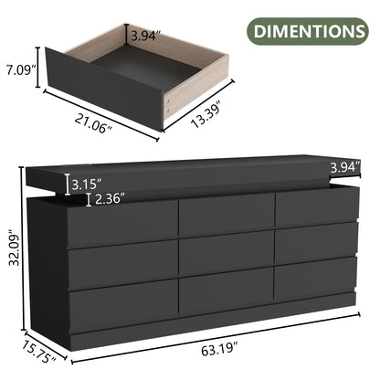 9 Drawer Dresser with Power Outlet, Dresser with LED Light, Modern Chest of Drawers for Closet, Double Wide Drawer Organizer Cabinet for Bedroom, Living Room, Entryway, Hallway (Black, 9 Drawers)