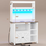 Itaar 35.4 inch Bakers Rack with Power Outlet and Storage, Farmhouse Coffee Bar Cabinet, Microwave Stand Kitchen Cabinet with Hutch, LED Lights, Wine Glass Holder and 8 Hooks，White Itaar